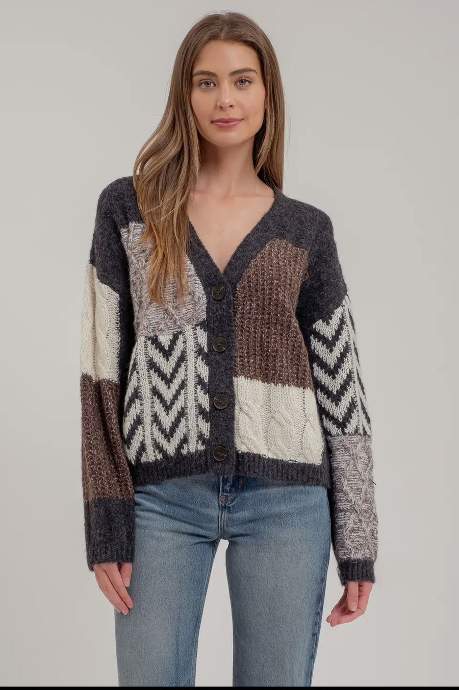 Patchwork cable knit cardigan