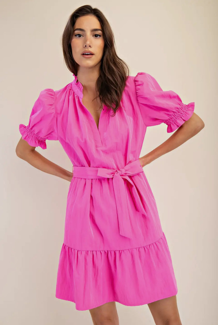 Ruffle neck puff sleeve dress