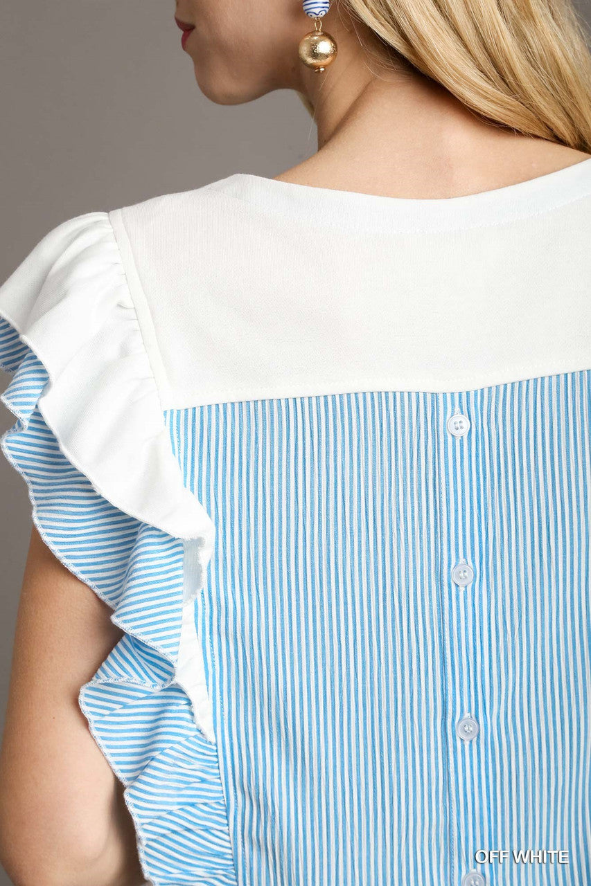 Ruffled Sleeve French Terry Top With Striped Details White