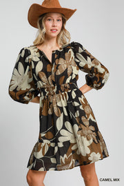 Long sleeve print dress camel mix