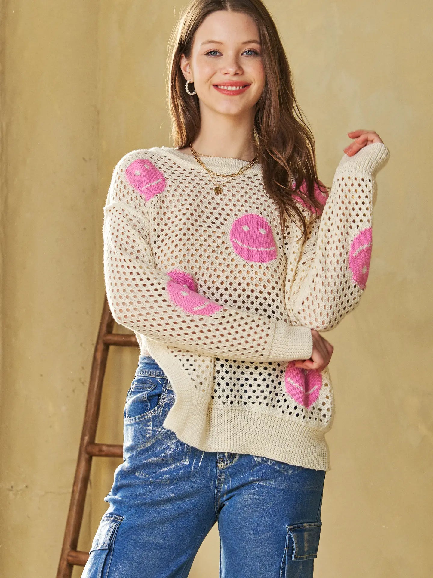 open knit smile sweater ivory/pink